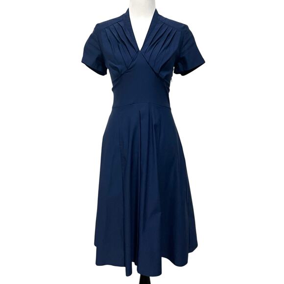Miss Lulo Dress Navy Blue Midi Fit & Flare Pleated Short Sleeve Stretch Womens L - Picture 1 of 9